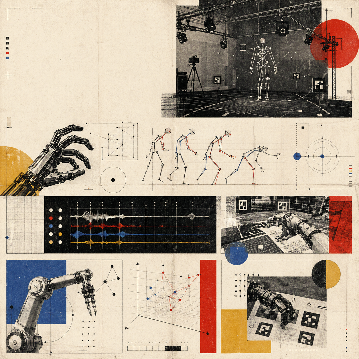 Phi9 capture loop rendered as an archival robotics atlas with motion capture, sensor traces, robot hands, and evaluation fragments.
