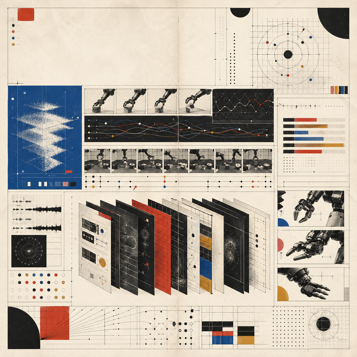 Archival atlas image showing layered data catalogs, waveform strips, robot sequence panels, and simulation-ready data fragments.