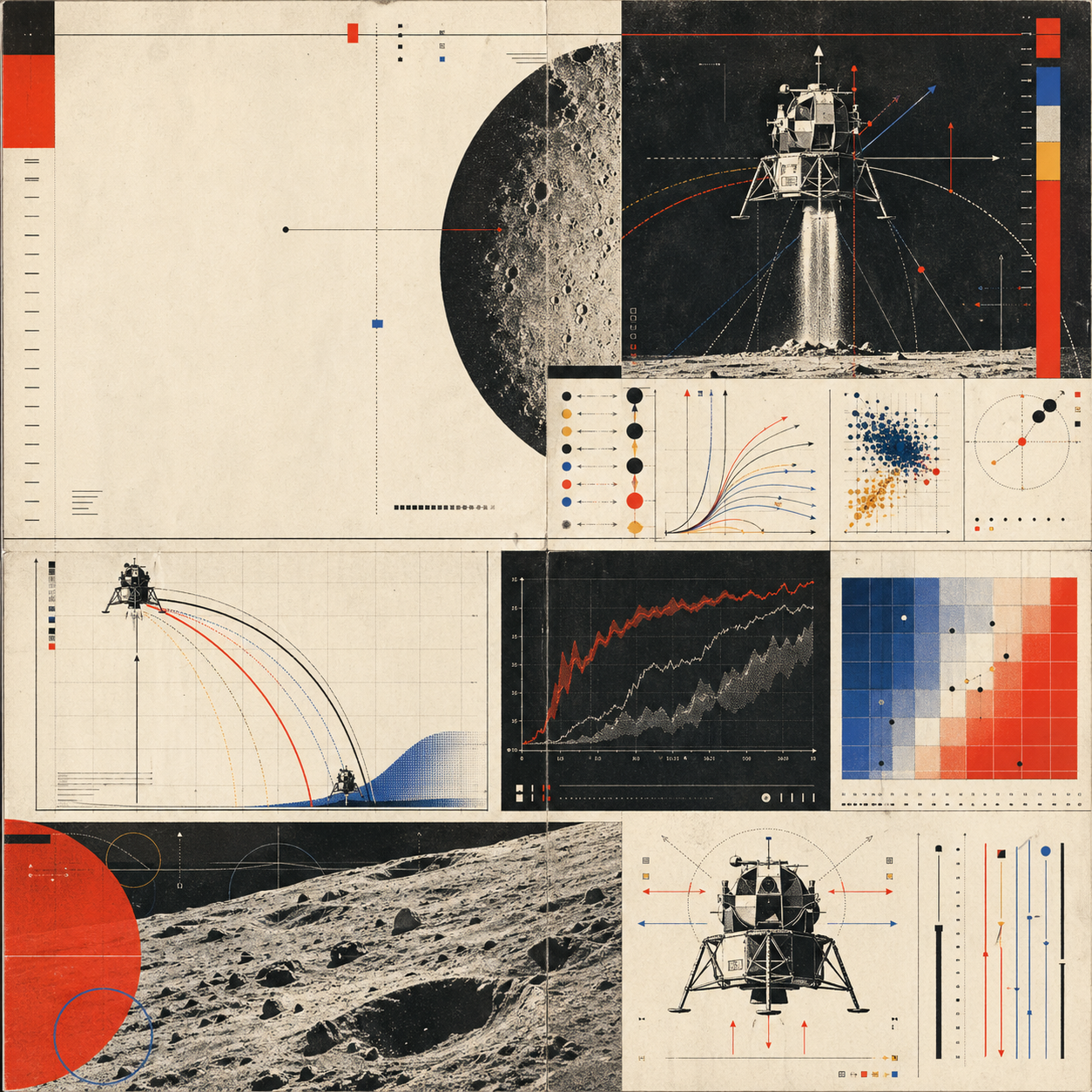 Archival atlas image showing benchmark trajectories, evaluation curves, lunar terrain, and transfer proof panels.