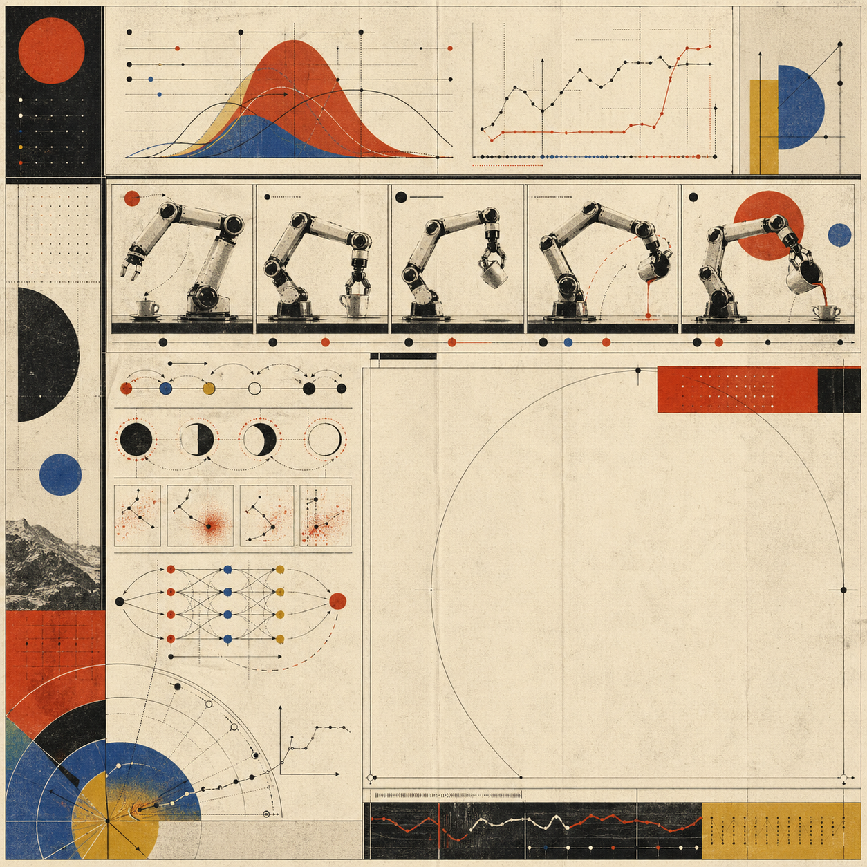 Archival atlas image showing robot manipulation sequences, policy traces, and training visualization panels.